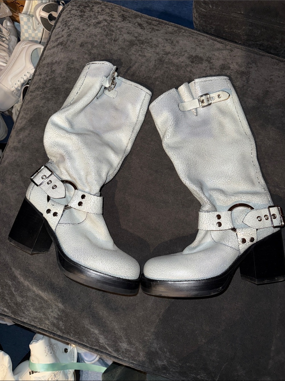 Free People Light Gray Chunky-Heel Mid-Calf Buckle Boots